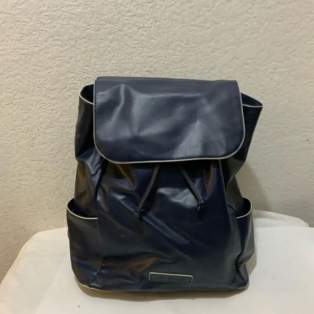 VERA BRADLEY Drawstring Backpack In Navy Blue Faux Leather Vegan
